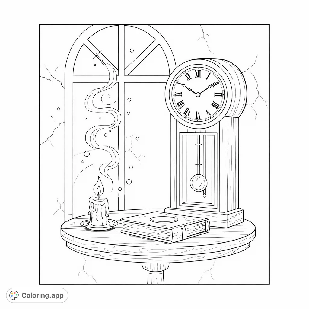 Discover a charming scene with an antique grandfather clock, a lit candle, and a book on a wooden table, perfect for a cozy coloring escape.