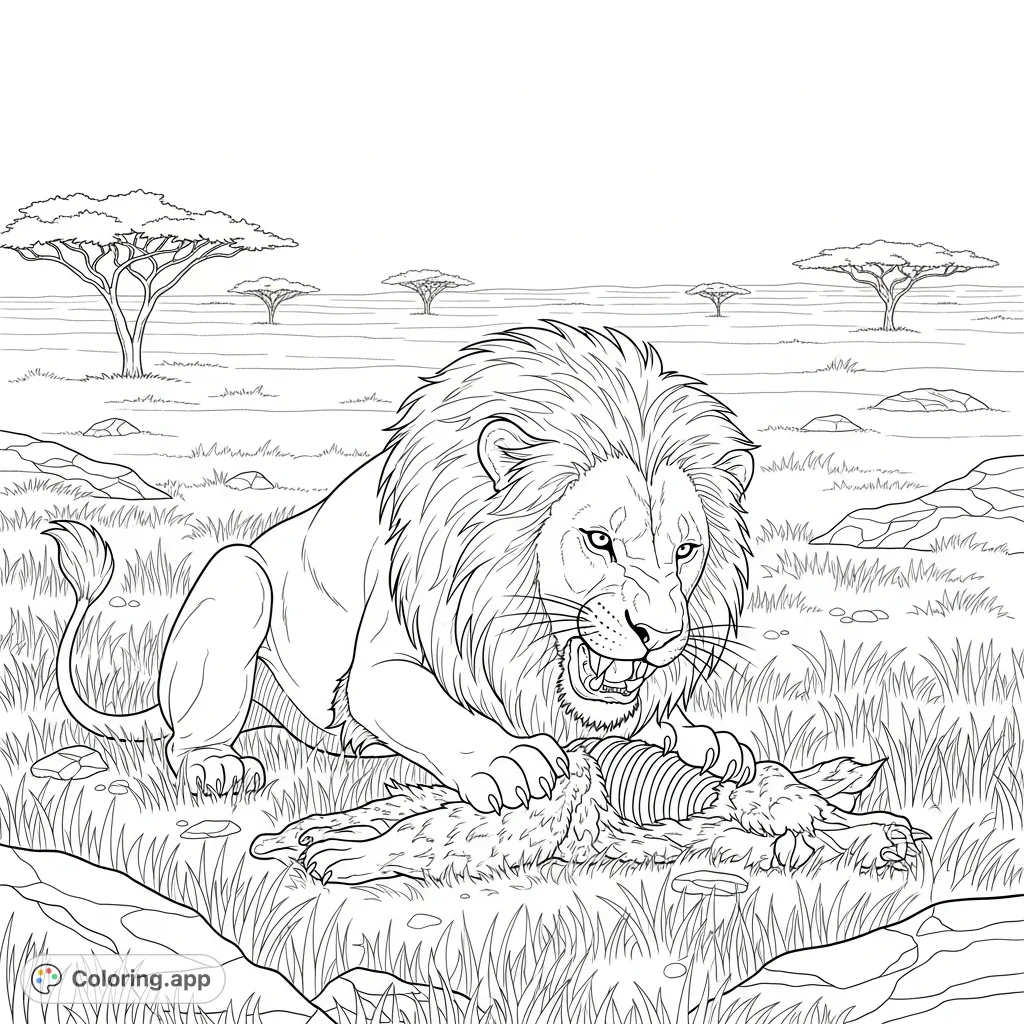 A powerful lion feasts on its prey amidst the savanna, a detailed scene for an engaging wildlife coloring page. Unleash your creativity!