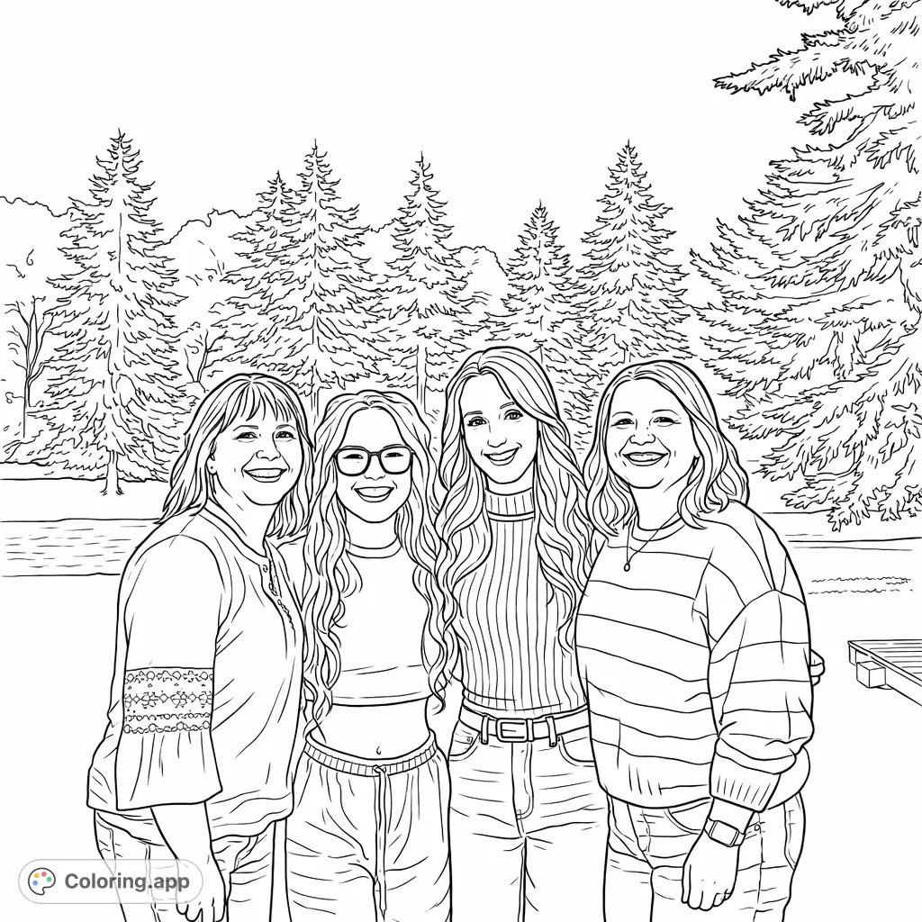 Four smiling women pose happily outdoors, surrounded by a serene landscape of tall evergreen trees and a lush grassy lawn, perfect for a heartwarming coloring experience.