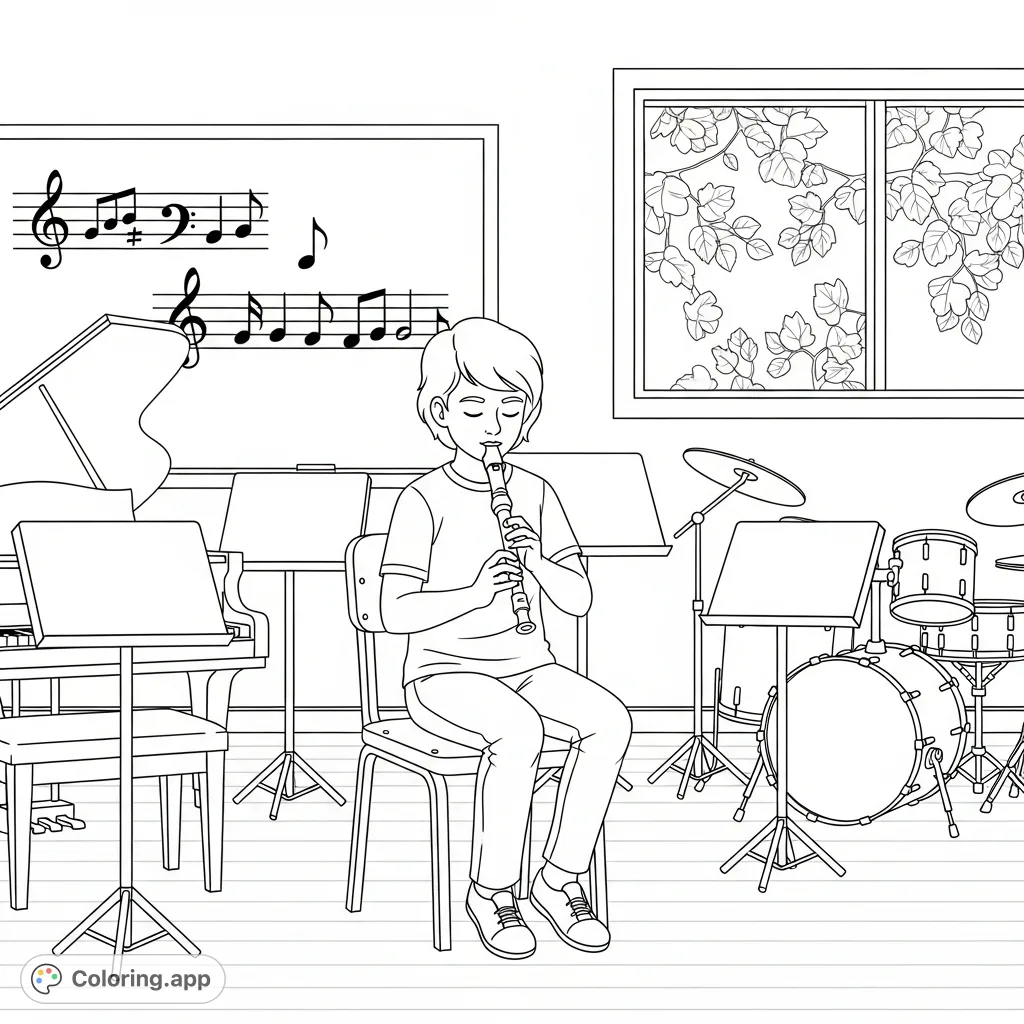 A focused young person plays the recorder in a detailed music classroom, surrounded by instruments and musical notes. Perfect for aspiring musicians!
