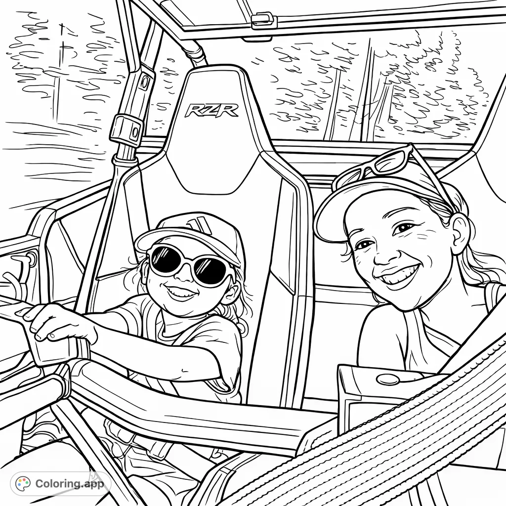 Join two smiling adventurers on an exciting off-road journey through a wooded landscape. Perfect for exploring vehicle designs and natural settings.