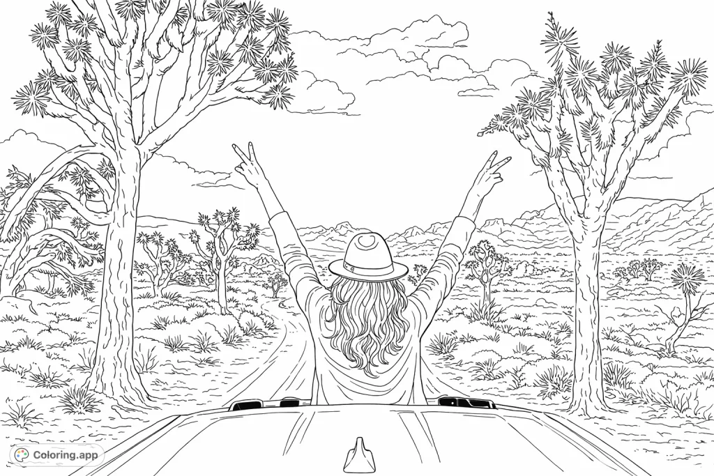 A person on a desert road trip, raising peace signs amidst iconic Joshua trees. Perfect for adventure and nature enthusiasts.