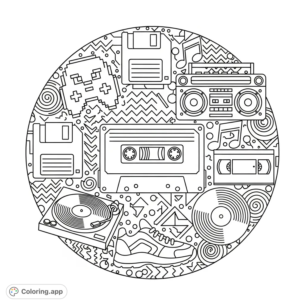 A fun 90s collage coloring page featuring cassette tapes, boomboxes, pixel art, and bold geometric patterns, perfect for a printable CD label.