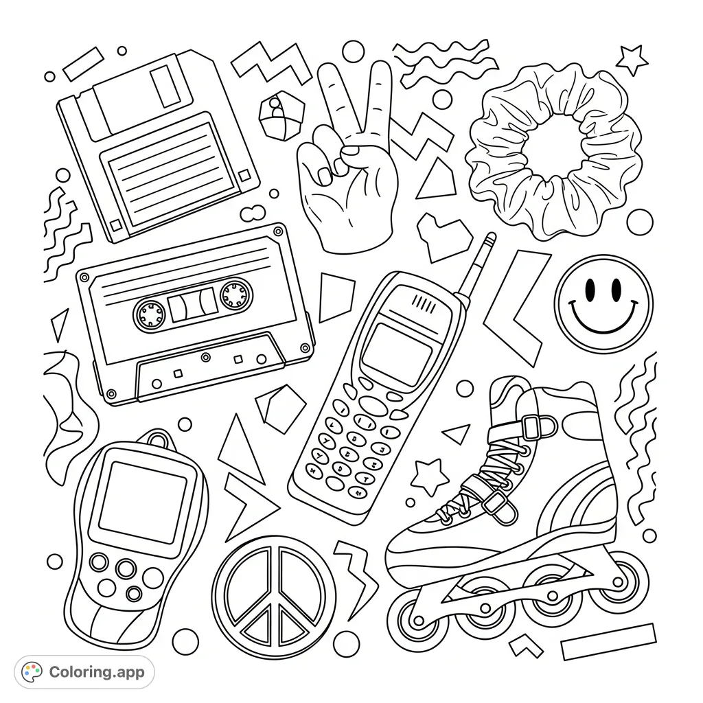 Step back in time with this fun 90s collage coloring page, featuring iconic items like cassette tapes, brick phones, and rollerblades for kids and adults.