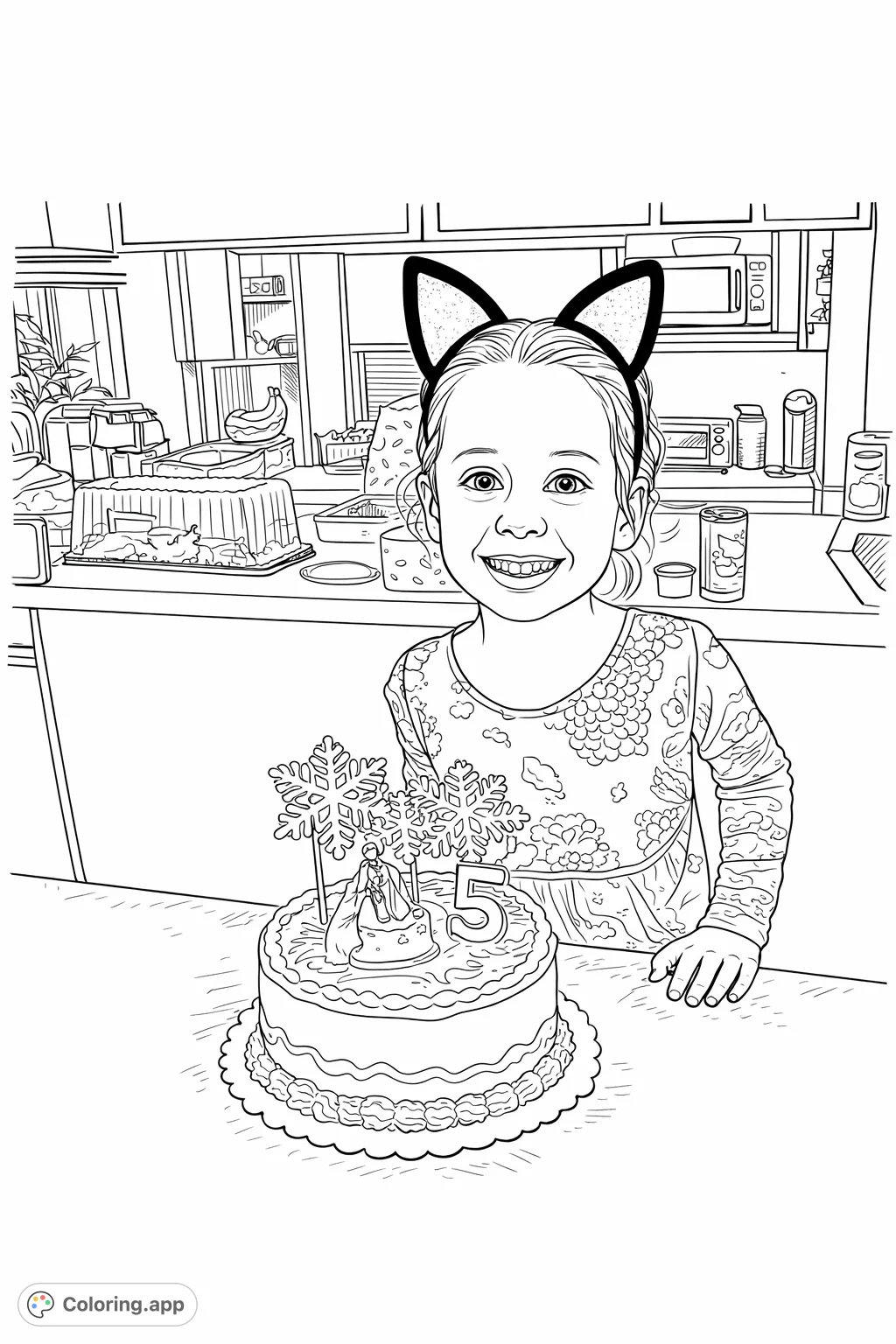 Celebrate a happy birthday with this charming coloring page featuring a smiling child with cat ears, a festive cake, and intricate snowflake decorations.
