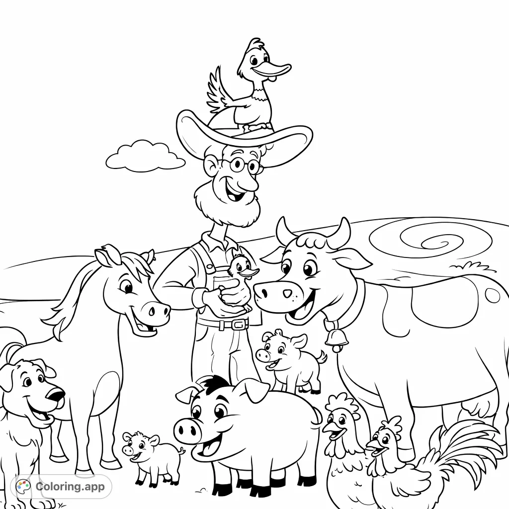 Join a friendly farmer and his happy farm animals, including a horse, cow, pigs, and chickens, for a delightful rural scene. Perfect for joyful coloring!