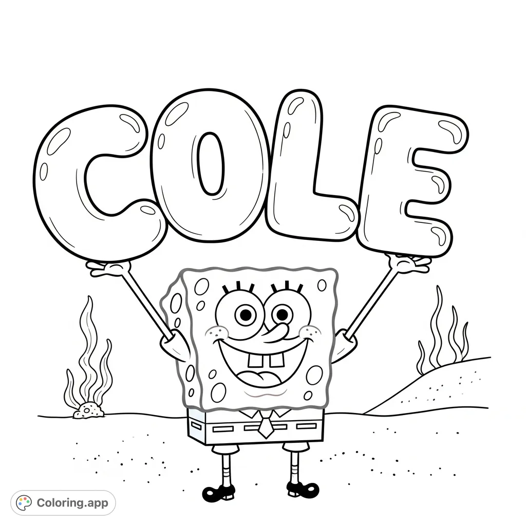 SpongeBob SquarePants proudly holds bubble letters spelling "Cole" in this fun, free printable coloring page. Personalize this cheerful scene for a unique artistic creation.