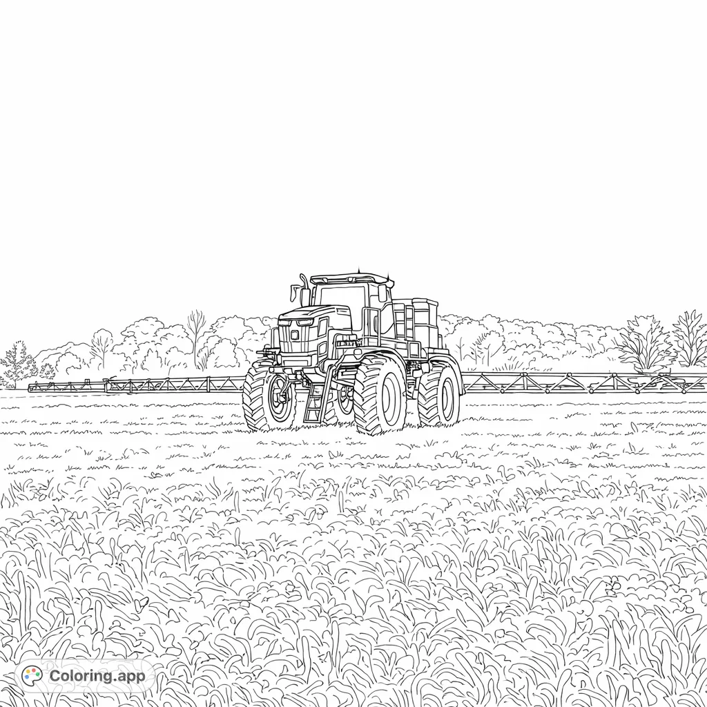 A powerful farm field sprayer stands ready amidst a vast field of crops, with distant trees and a clear sky, offering an engaging agricultural scene for coloring.