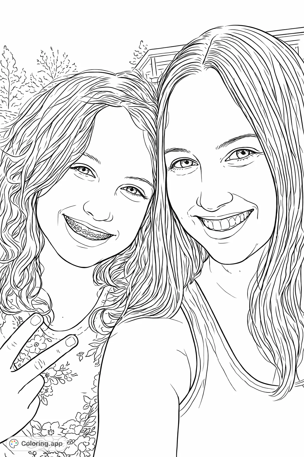 Capture a heartwarming family moment! This coloring page features a smiling adult and child with detailed hair and a floral-patterned top.