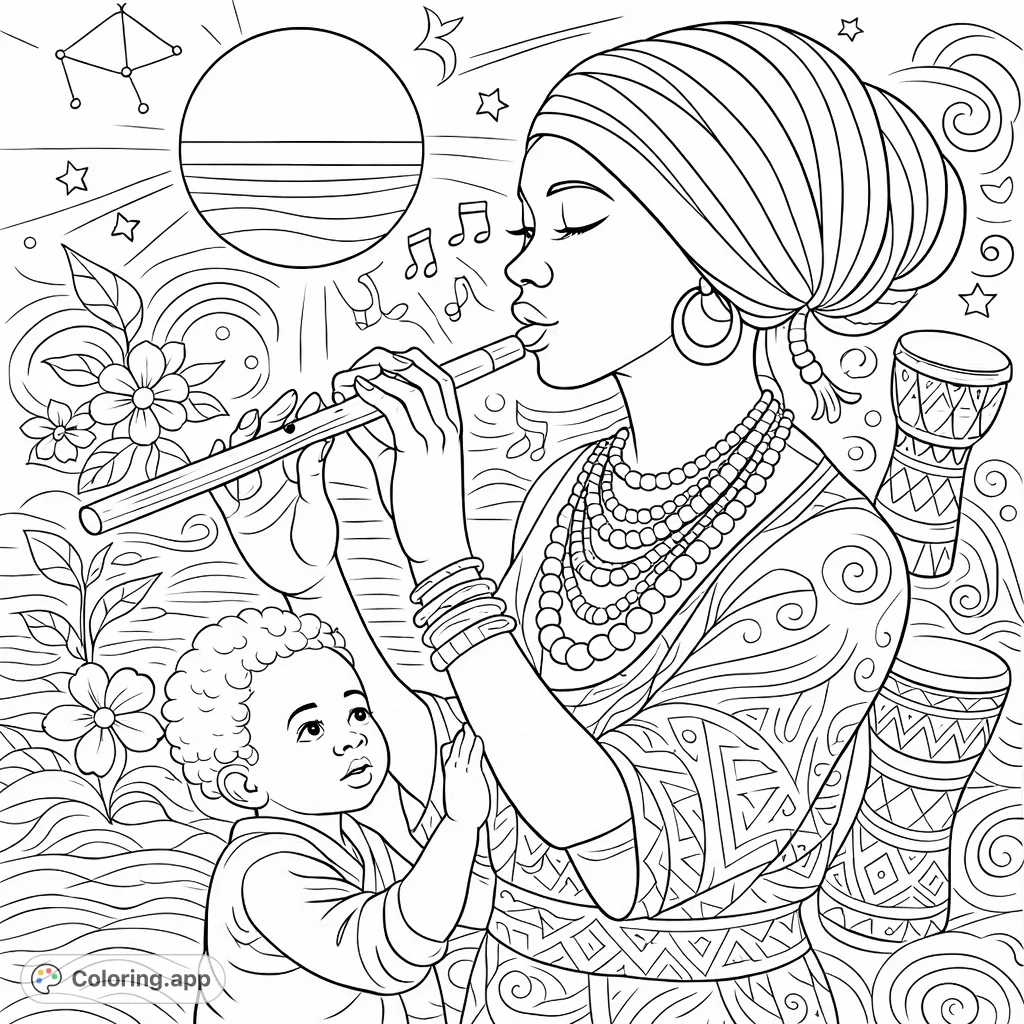 A woman playing a flute with a child observing, surrounded by cultural patterns, drums, and natural elements. A highly detailed and engaging scene for creative expression.