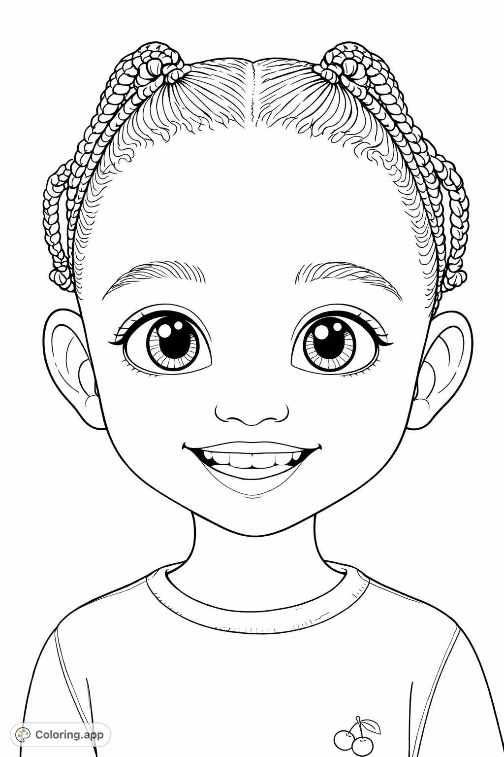 Capture the happiness of a child with a wide smile and intricately braided hair. This engaging portrait offers a delightful coloring experience for all ages.