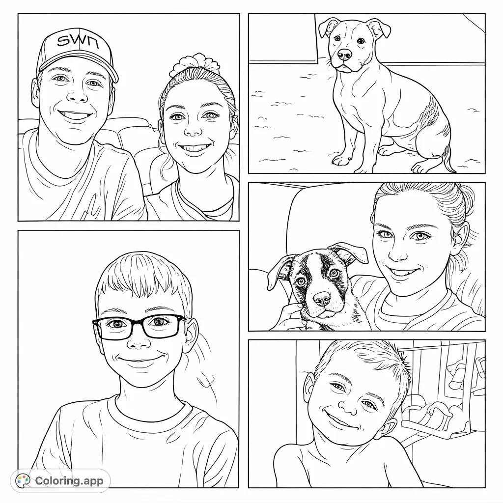 A delightful collection of five unique portraits featuring smiling people of various ages and their beloved canine companions, perfect for personalizing.