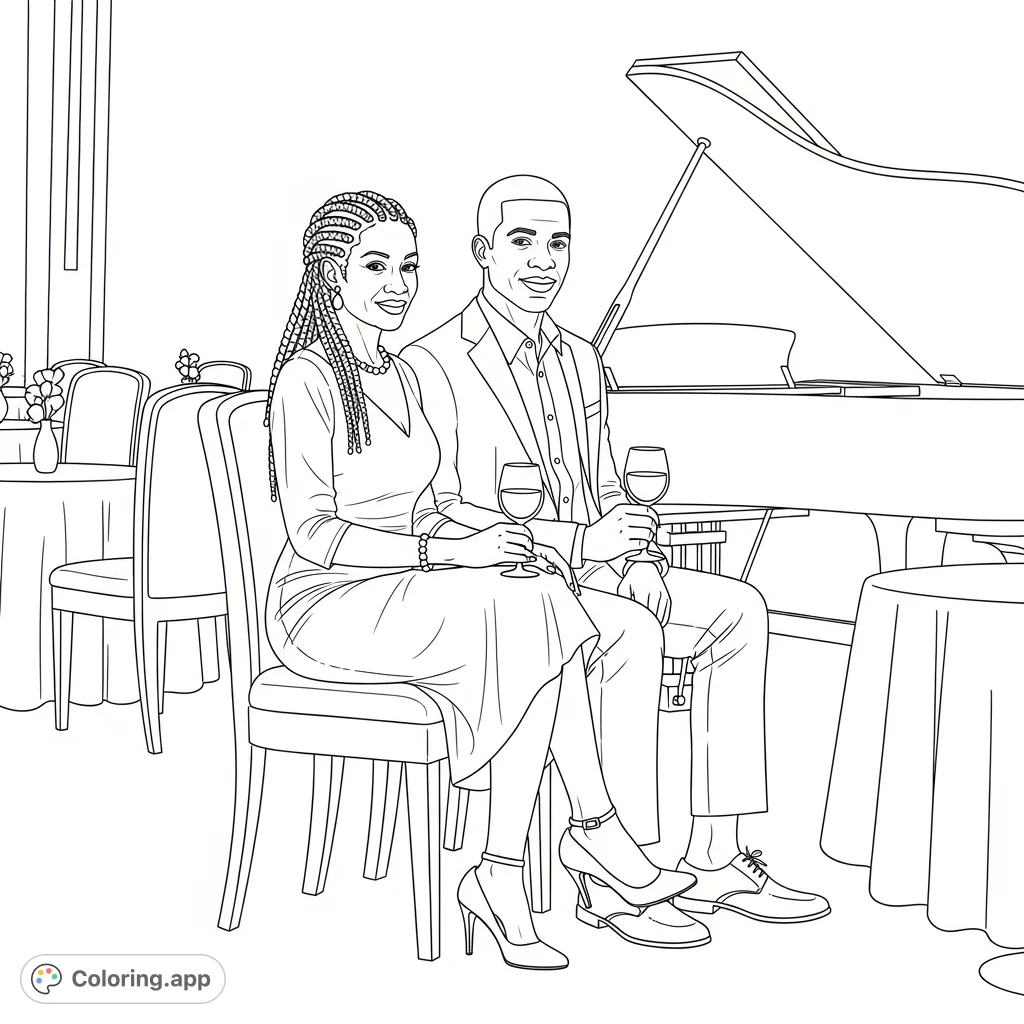 An elegant African American couple on a romantic date night, seated next to a grand piano. Features intricate cornrows and sophisticated attire, perfect for a relaxing coloring experience.