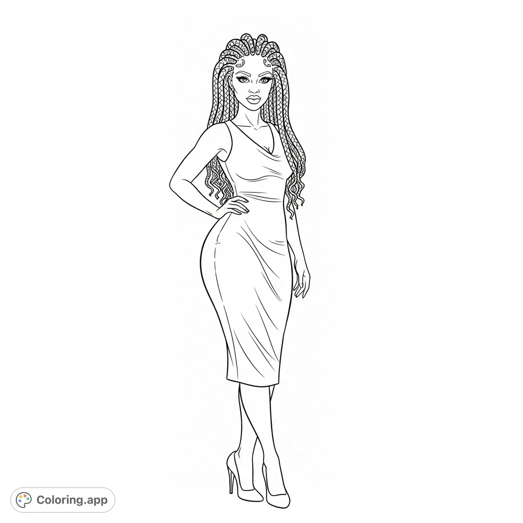 Color an elegant, curvy African American woman with intricate cornrows, a stylish dress, and heels against a minimal backdrop. Perfect for fashion lovers.