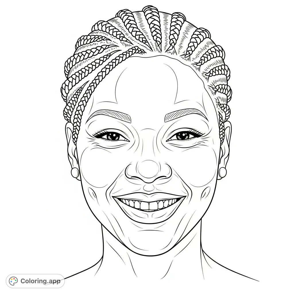 Discover a beautiful African American woman portrait coloring page with intricate cornrows, a warm smile, and expressive dimples. A detailed, free printable coloring page for all ages.
