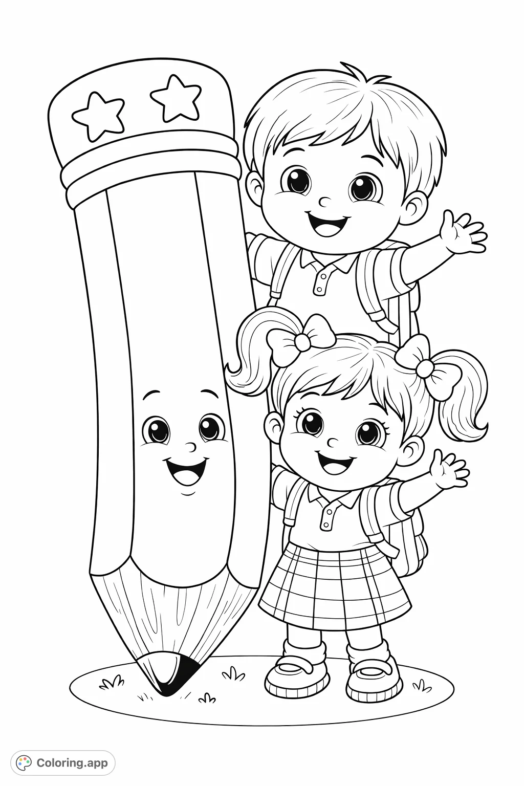A delightful coloring page featuring two cheerful school children and a friendly giant pencil, ready for learning adventures. Perfect for young artists.