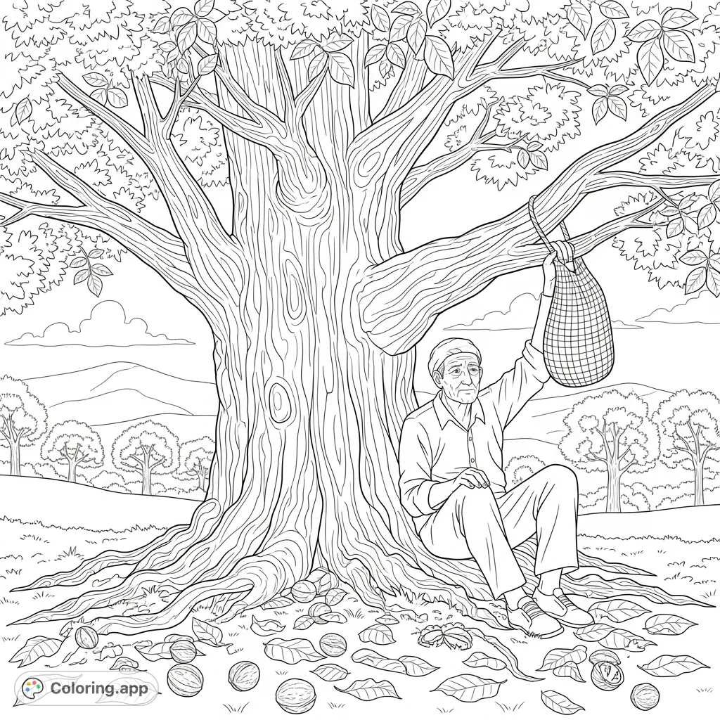 Color an elderly man sitting peacefully under a grand walnut tree, hanging a bag from its branches. A serene scene for quiet reflection.