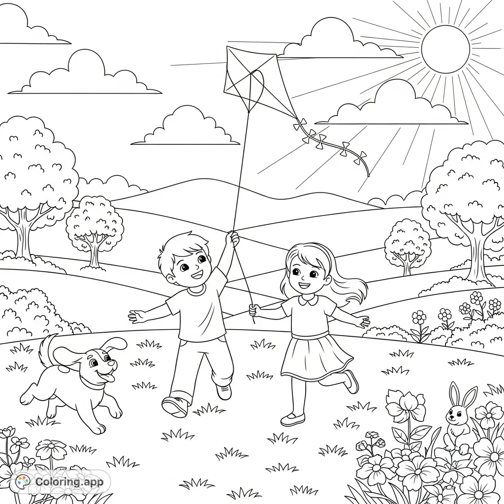 A delightful children's coloring page featuring two kids flying a kite with playful animals in a scenic grassy field, perfect for young imaginations.