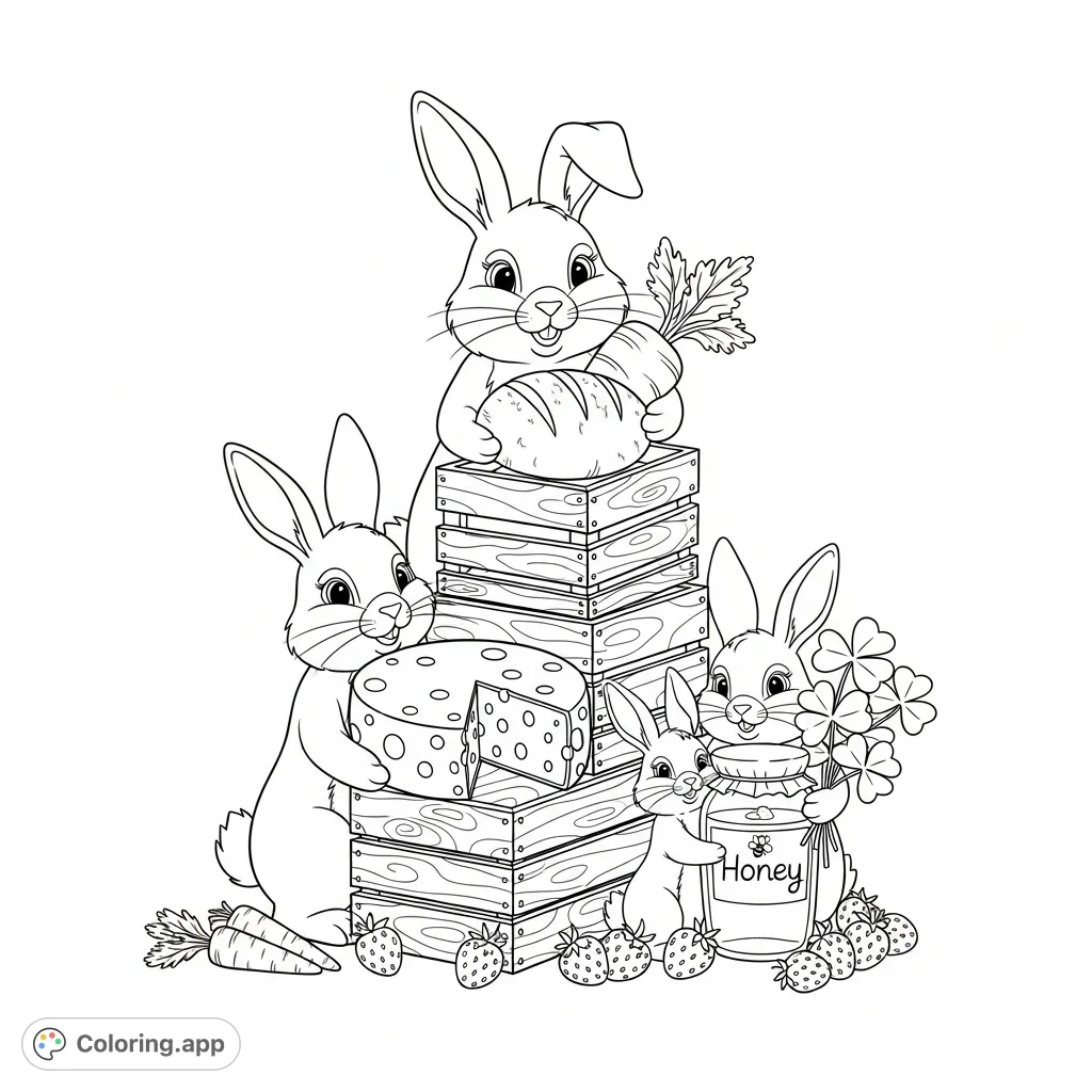 A charming rabbit family proudly displays their market treasures: a giant carrot loaf, swiss cheese, a honey jar, and clover, all atop rustic crates with spilled produce.
