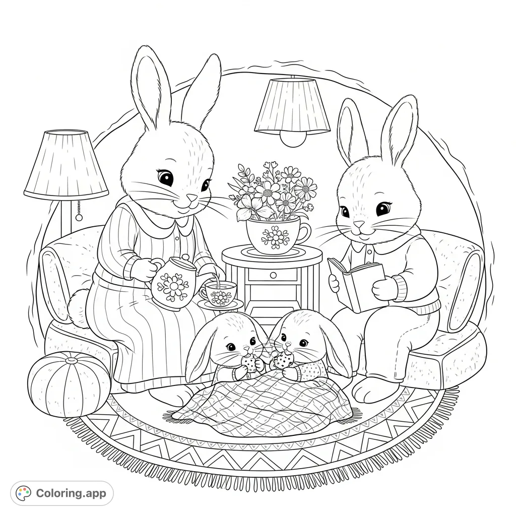 A heartwarming scene of a fluffy rabbit family enjoying tea and a book in their cozy burrow living room, perfect for gentle coloring fun.