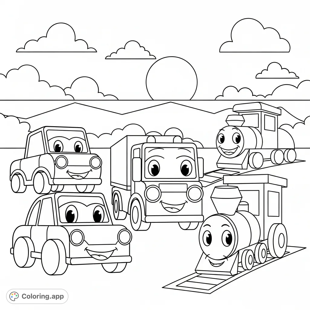 A delightful collection of friendly vehicles made from simple shapes, perfect for young artists. Large, inviting spaces make coloring a joy for little hands.