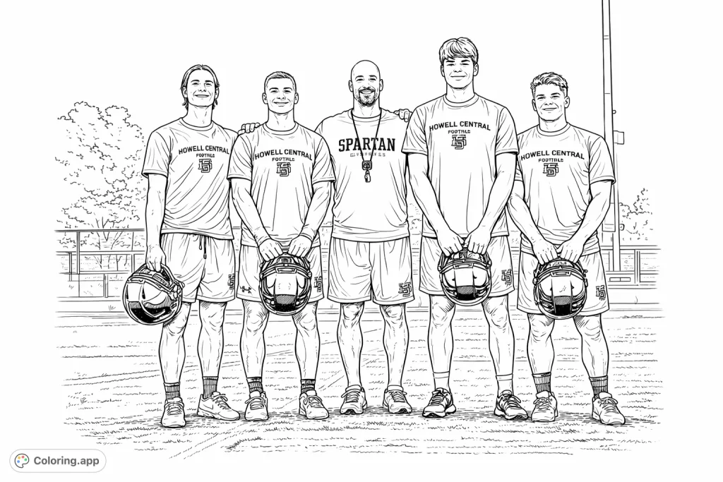 Capture the spirit of teamwork with this detailed football team coloring page. Featuring five figures and their helmets on a field.