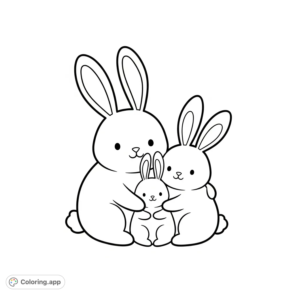 An adorable coloring page featuring a big, medium, and small bunny in a heartwarming hug. Simple shapes and sweet smiles, perfect for young colorists.