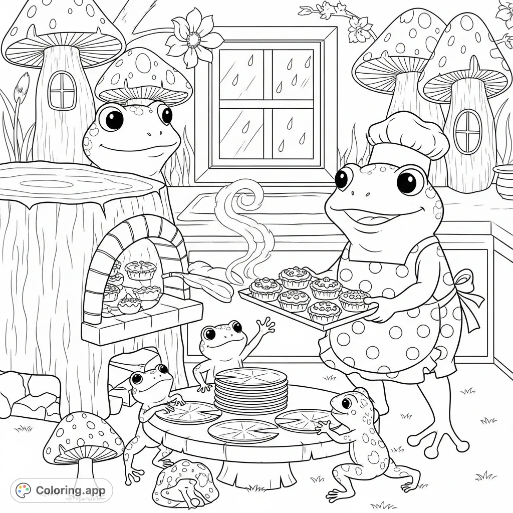 Join Mama Frog baking "fly pies" in her whimsical mushroom kitchen, with Papa Frog and froglets assisting. A delightful, free printable coloring page!