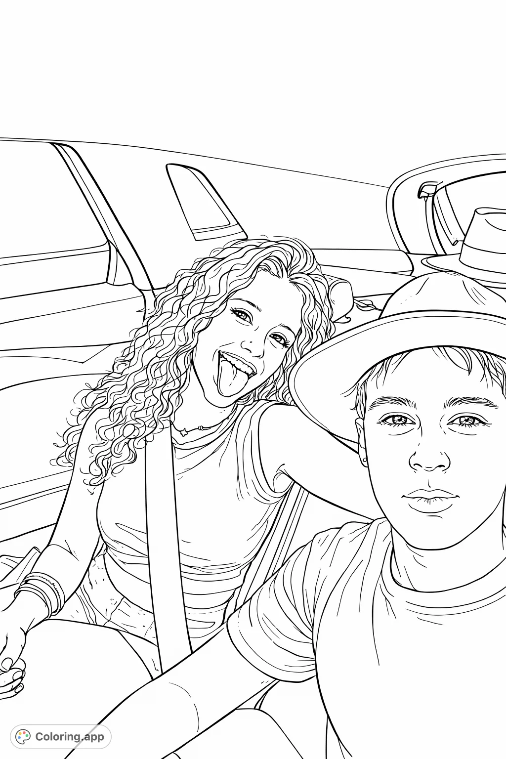 Capture the joy of a casual road trip with friends, featuring expressive faces and vehicle interior details, perfect for a fun coloring session.