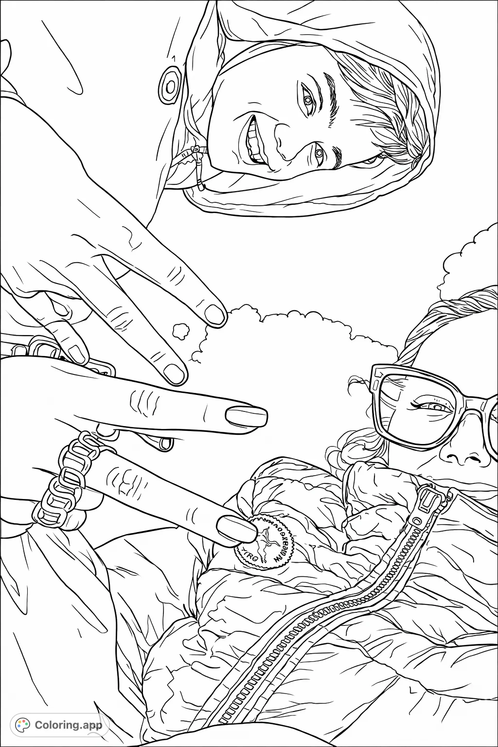 A fun upward-facing view of two friends smiling and making peace signs against a cloudy sky. Perfect for capturing youthful spirit and a carefree vibe.