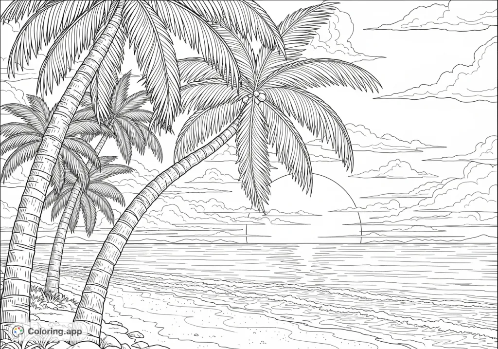 Relax on a peaceful tropical beach with swaying palm trees, warm sand, and a serene ocean under a wide sky. Perfect for a tranquil escape.