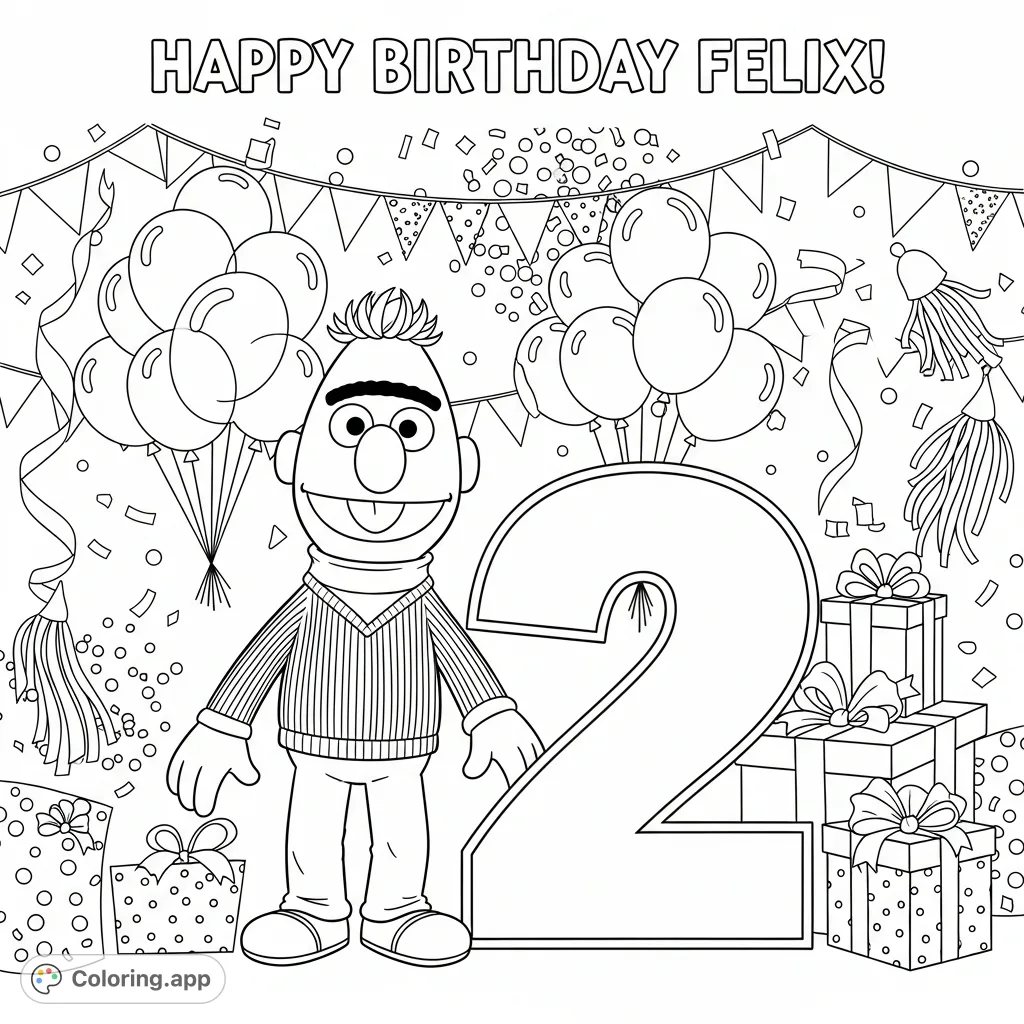 Join Bert from Sesame Street in a cheerful birthday celebration! This free printable coloring page features Bert, a prominent number two, and festive decor, perfect for coloring.