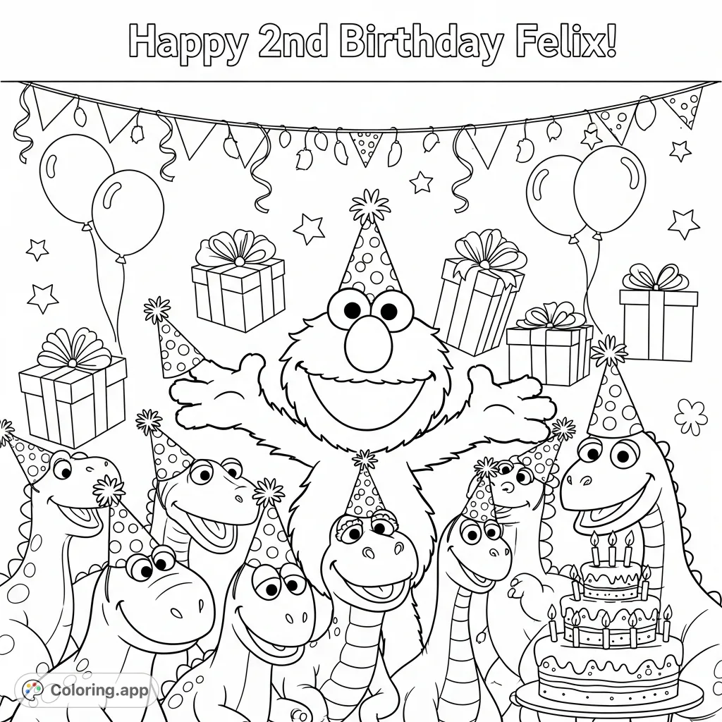 Celebrate with Elmo and his dinosaur friends, all wearing party hats amidst festive birthday decor. A fun coloring page featuring "Happy 2nd Birthday Felix!".