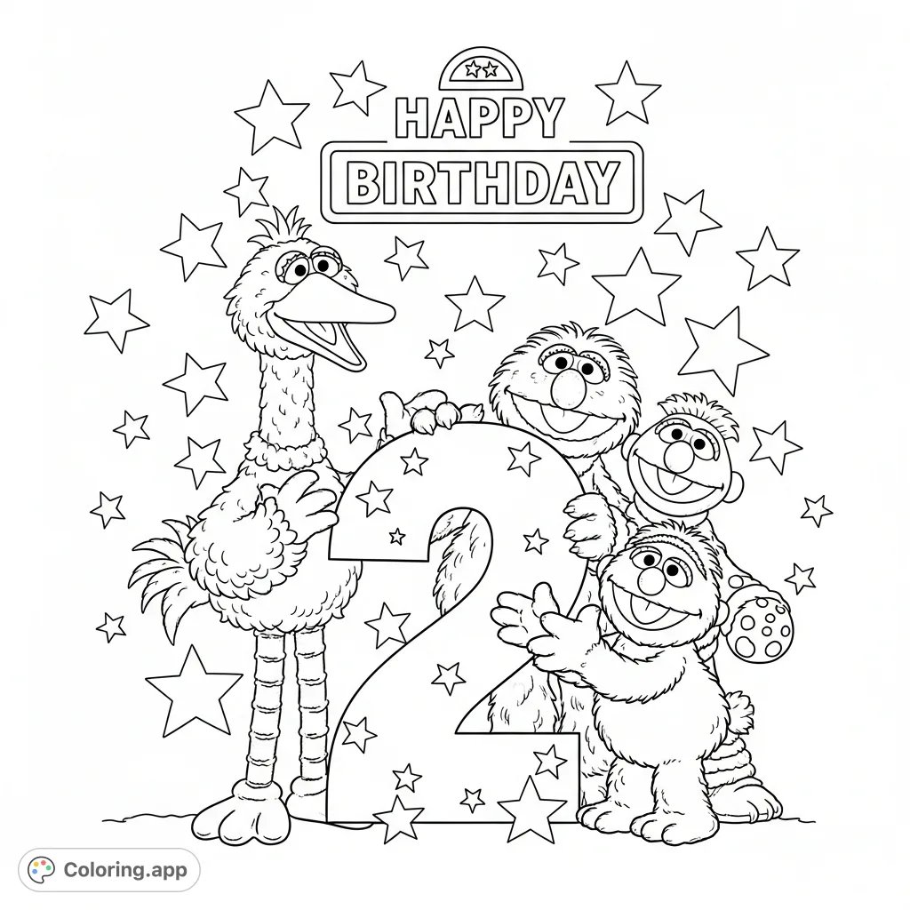 Celebrate with iconic Sesame Street characters around a big '2' and sparkling stars. Features 'Happy Birthday' text. A joyful, free printable coloring page for kids!
