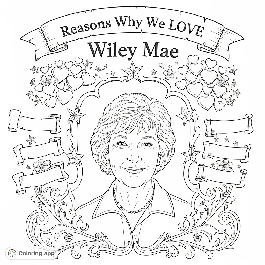 A delightful Wiley Mae coloring page, featuring a cheerful portrait surrounded by hearts and stars. A free printable coloring page perfect for expressing affection.