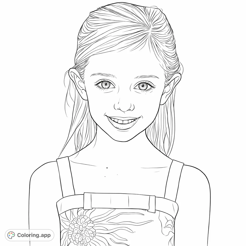 Color a charming portrait of a smiling young girl in a patterned dress against a subtle background. Express joy and creativity with this delightful character.