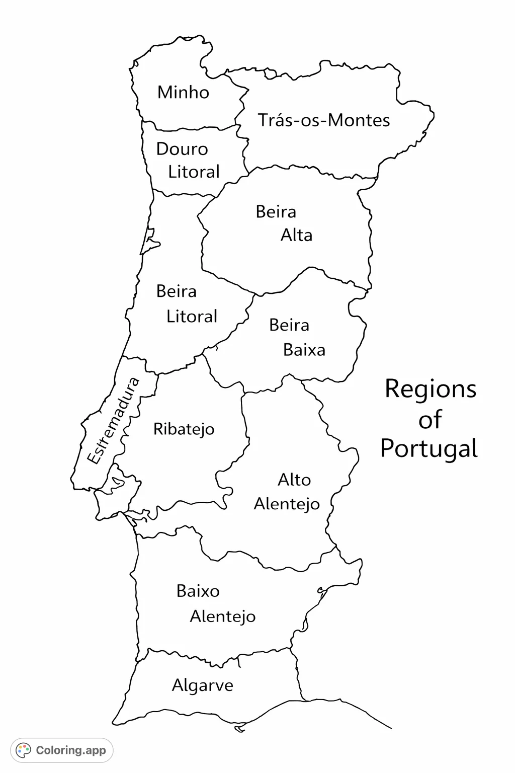 Explore the map of Portugal with its distinct administrative regions. A fun and educational coloring page for geography enthusiasts to learn and color.