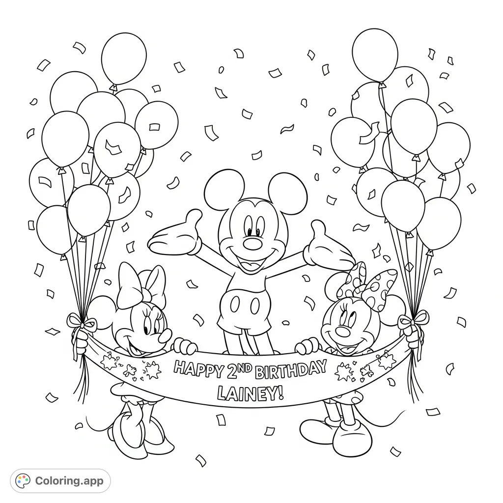A festive Mickey and Minnie coloring page celebrating Lainey's 2nd birthday! Features classic characters, a personalized banner, balloons, and confetti.