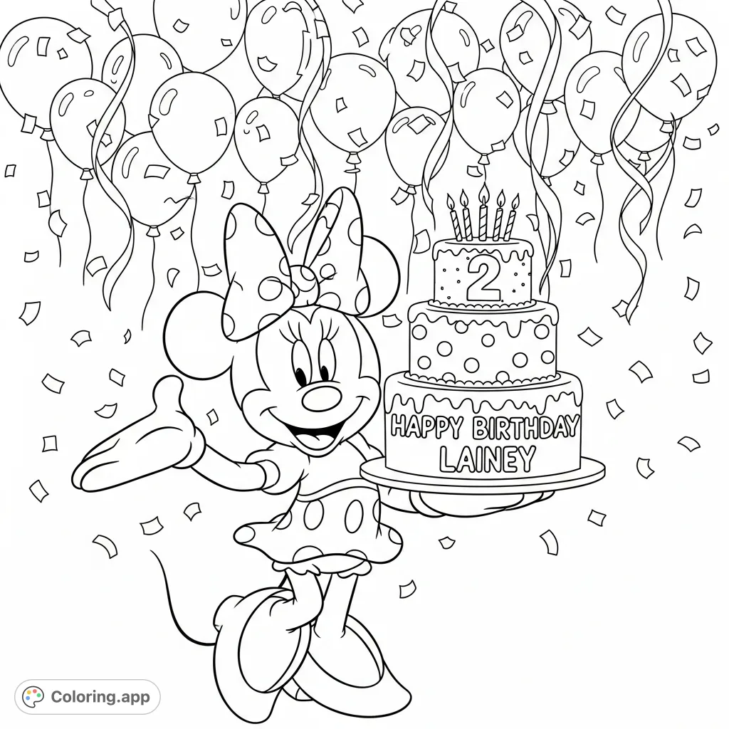 A delightful Minnie Mouse coloring page celebrating Lainey's 2nd birthday with a festive cake, balloons, and streamers. Perfect for little fans!