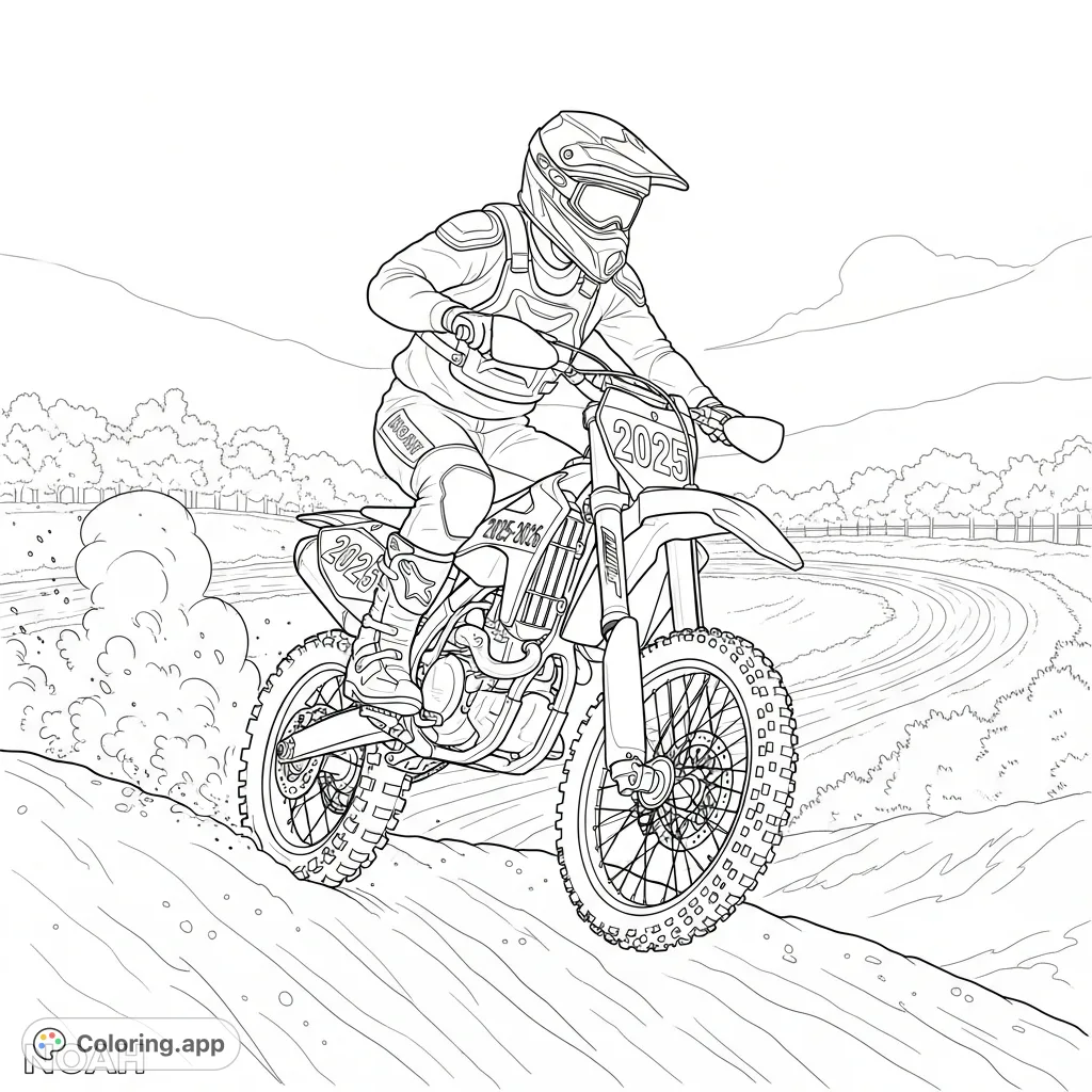 Experience the thrill of motocross with Noah soaring over a dirt track. This action-packed coloring page features a detailed bike and '2025-2026' text, perfect for sports fans.