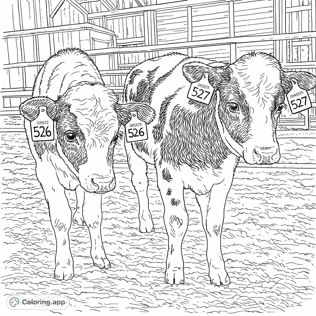 A charming coloring page featuring two adorable calves in a barn, perfect for animal lovers. Explore their unique patterns and farm setting.