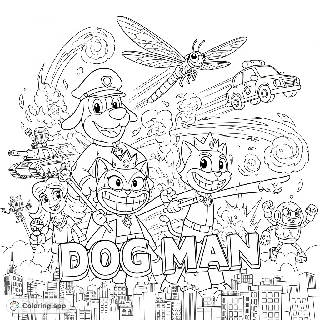 Dive into an action-packed Dog Man coloring page featuring beloved characters, explosions, speed lines, and a city backdrop. Perfect for fans!