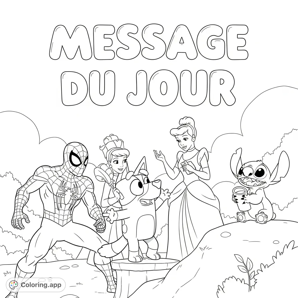 A unique crossover coloring page featuring Bluey, Spider-Man, Cinderella, and Stitch together, with "Message du Jour" in bubble letters. A fun, diverse group for endless creative coloring.