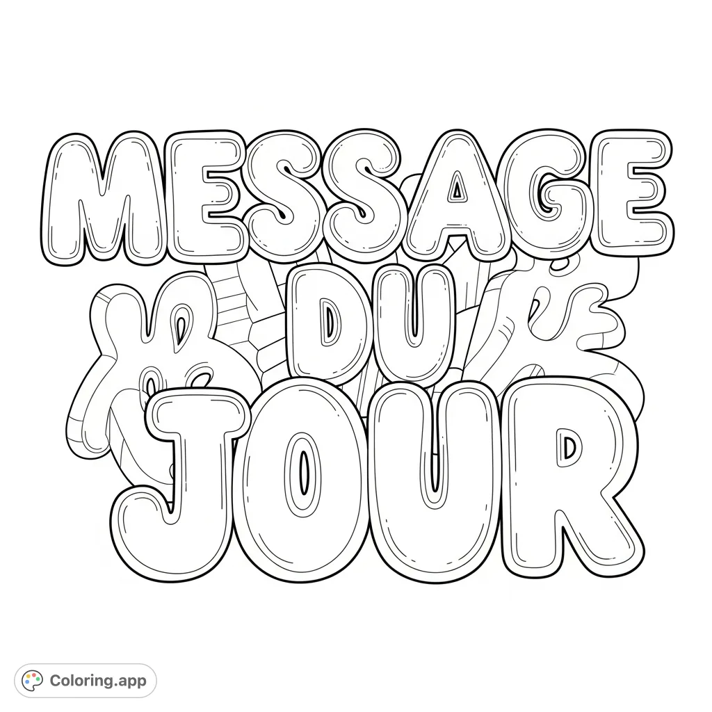 Color a fun "Message du Jour" bubble letters design! This free printable features playful, volumetric characters, perfect for all ages to personalize.