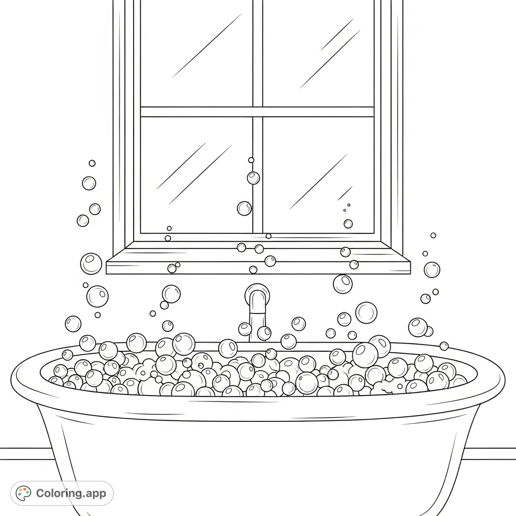 A cozy scene featuring a classic bathtub overflowing with whimsical bubbles, set against a backdrop of a framed window. Perfect for relaxation and creative expression.