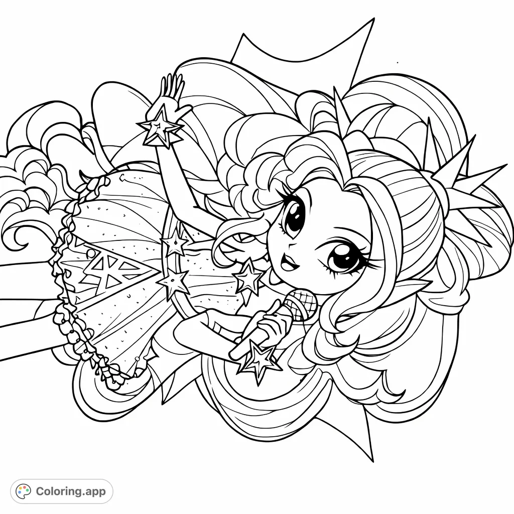 A vibrant character with dynamic sunburst hair and a spiky ensemble, holding a microphone. Perfect for fans of animated performers and energetic designs.