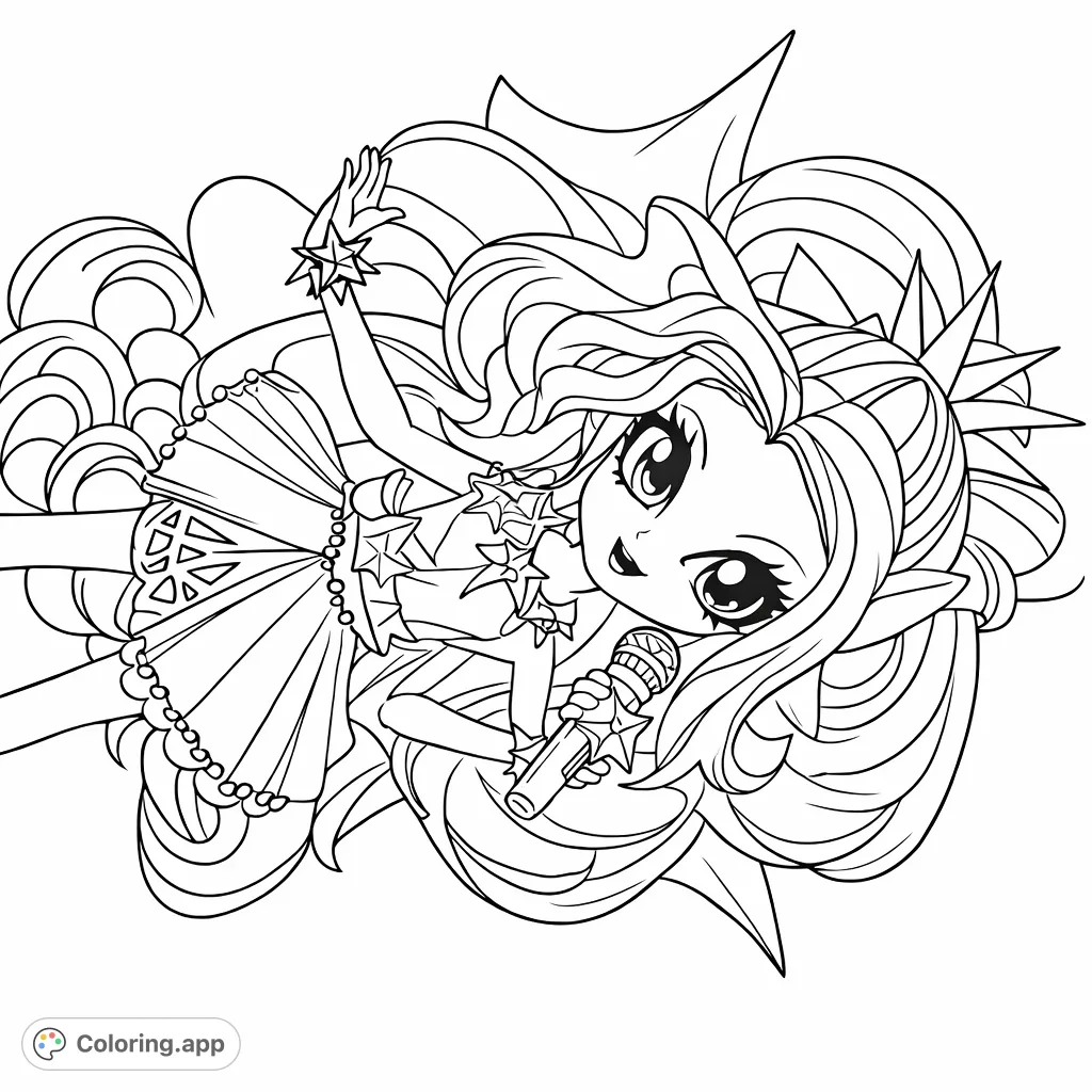 A vibrant pop star character with a microphone, surrounded by a radiant, flowing aura. Perfect for fans of animated entertainment and dynamic designs!