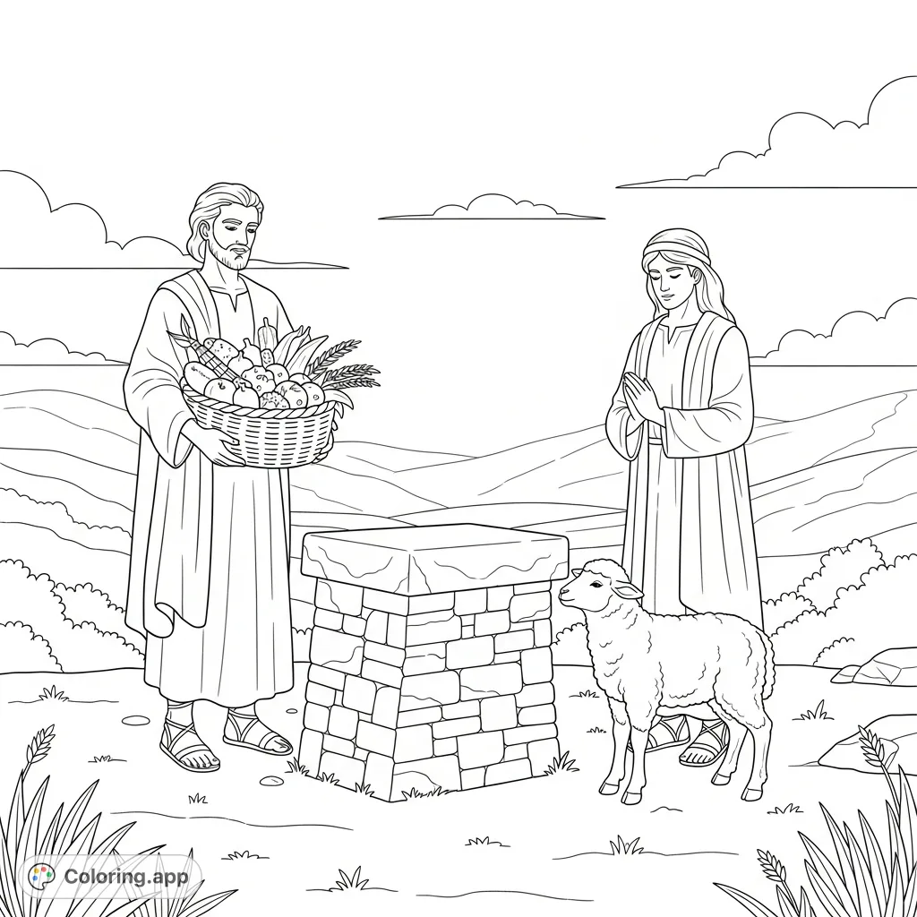 A powerful biblical scene of Cain offering produce and Abel a lamb before an altar, set against a simple landscape. A free printable Cain and Abel coloring page.