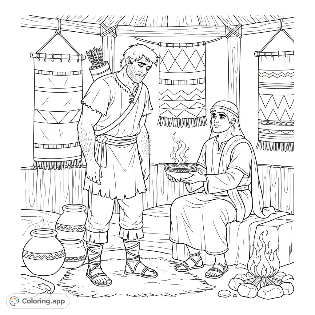 A biblical scene: Esau, weary from hunting, meets Jacob offering a bowl of stew in their rustic dwelling. A detailed religious coloring page.