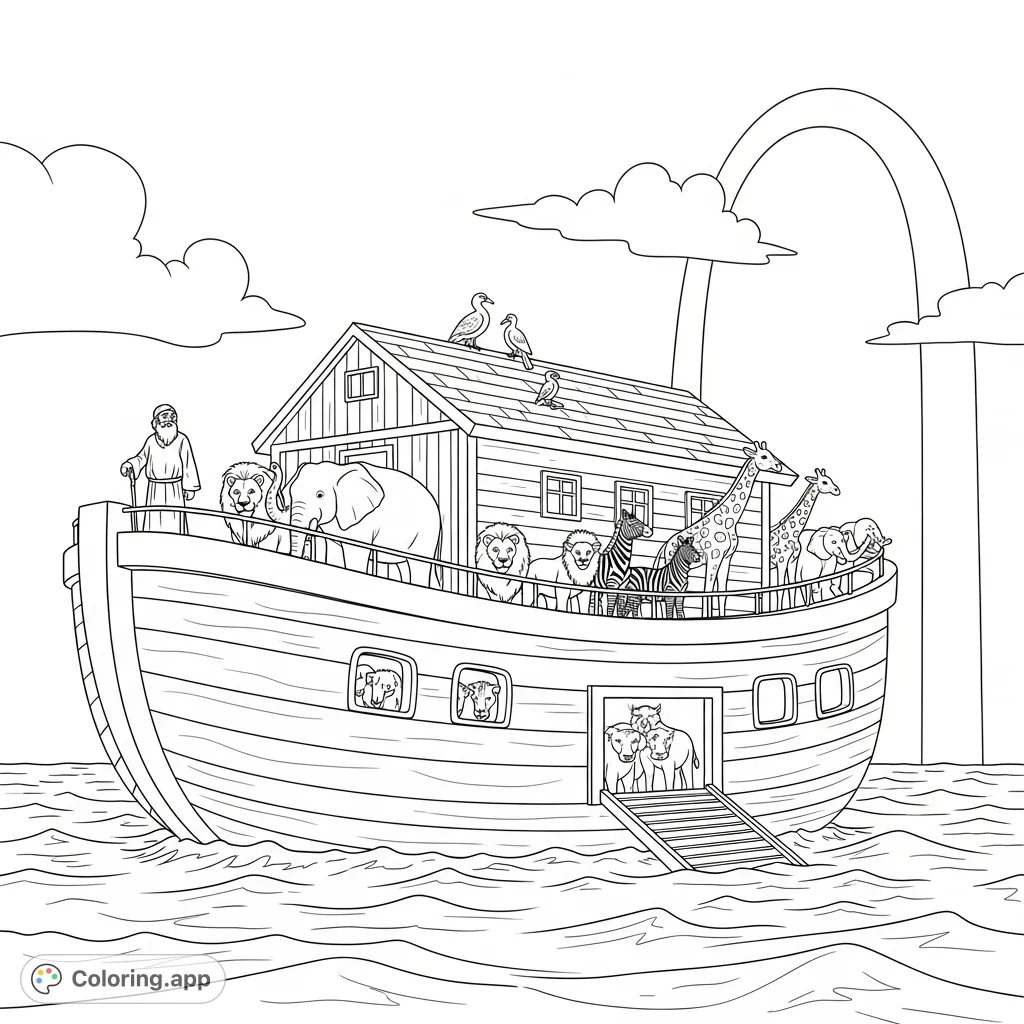 Embark on an epic adventure with this Noah's Ark coloring page, featuring Noah, the ark, numerous animal pairs, and a hopeful rainbow.